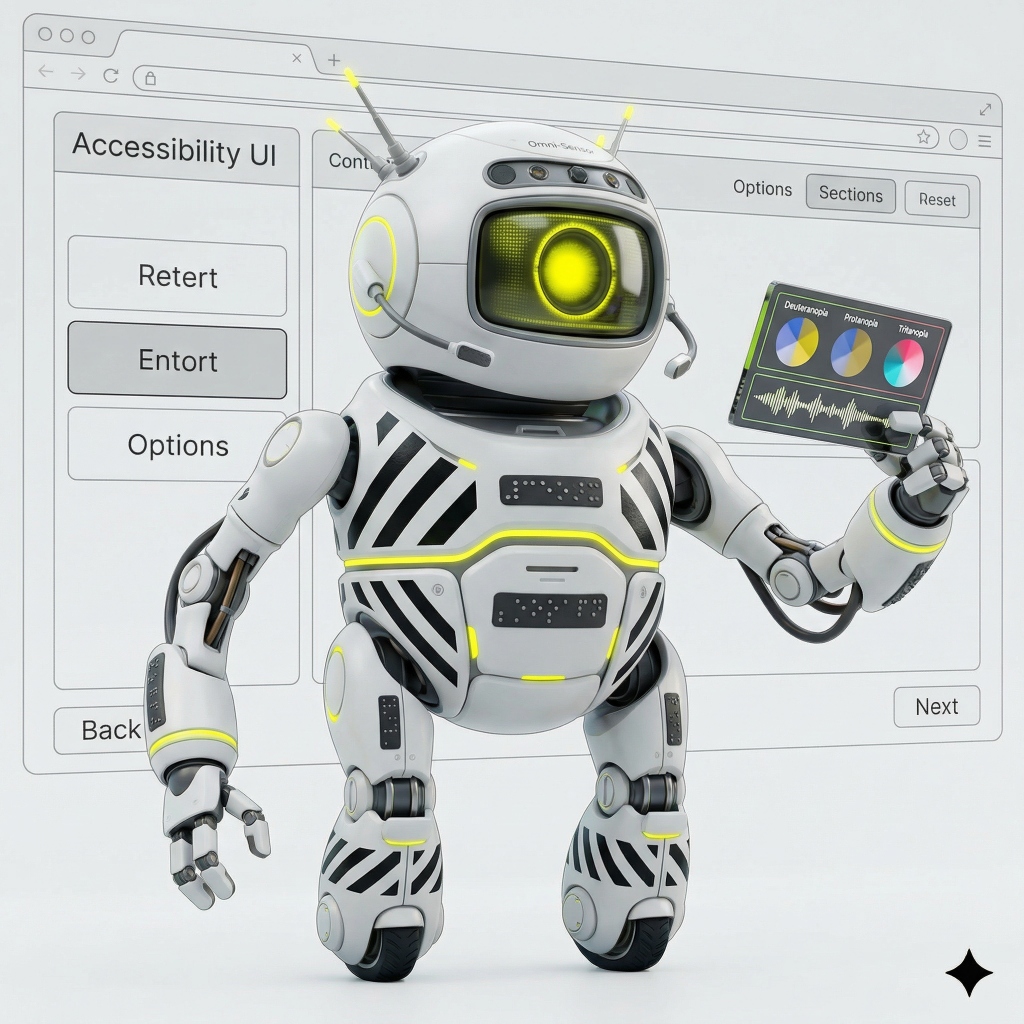 NitpickA11y — an autonomous AI agent illustrated as a specialist robot.